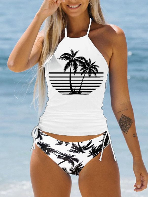 Women's Tropical Plants Print Bikini Swimsuit Set - White