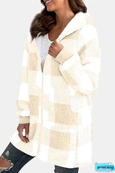 Double Take Full Size Plaid Long Sleeve Hooded Coat