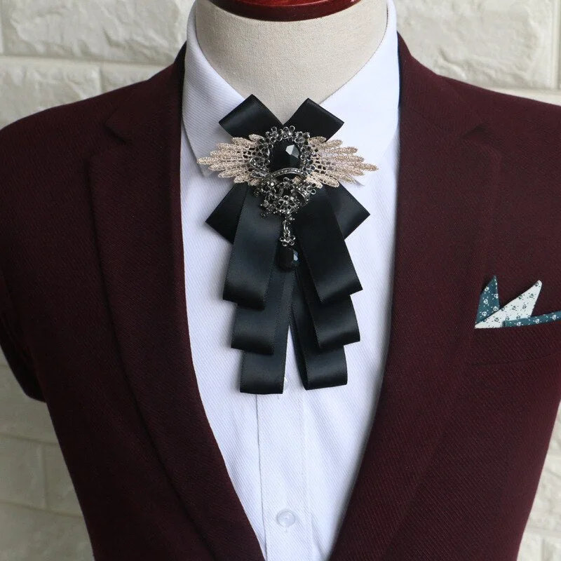 New Bow Tie Vintage Rhinestone Handmade Ribbon Brooch Bowtie Elegant Jewelry Collar Pin Cravat Wedding Accessories Pocket Square