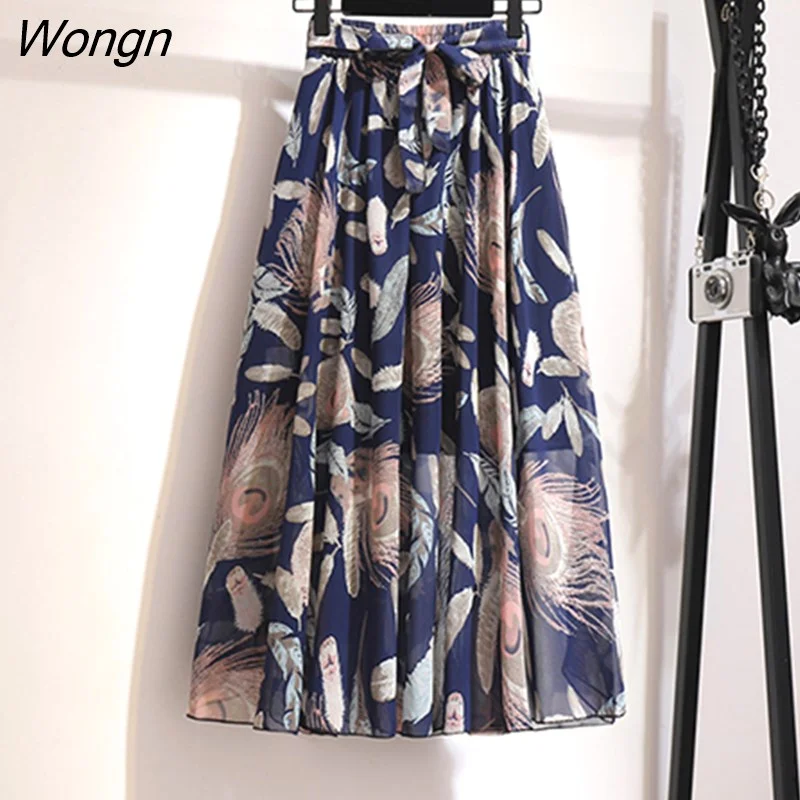 Wongn Long Skirt Women 2022 Spring Summer Korean Fashion White Black Floral Print Aesthetic High Waist Midi Skirt Female