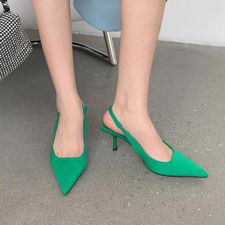 Qengg Women Summer Shoes 2022 New Fashion Pointed Toe Stiletto Medium Heel High Heels Women Back Empty Toe Sandals Green Women's Shoes