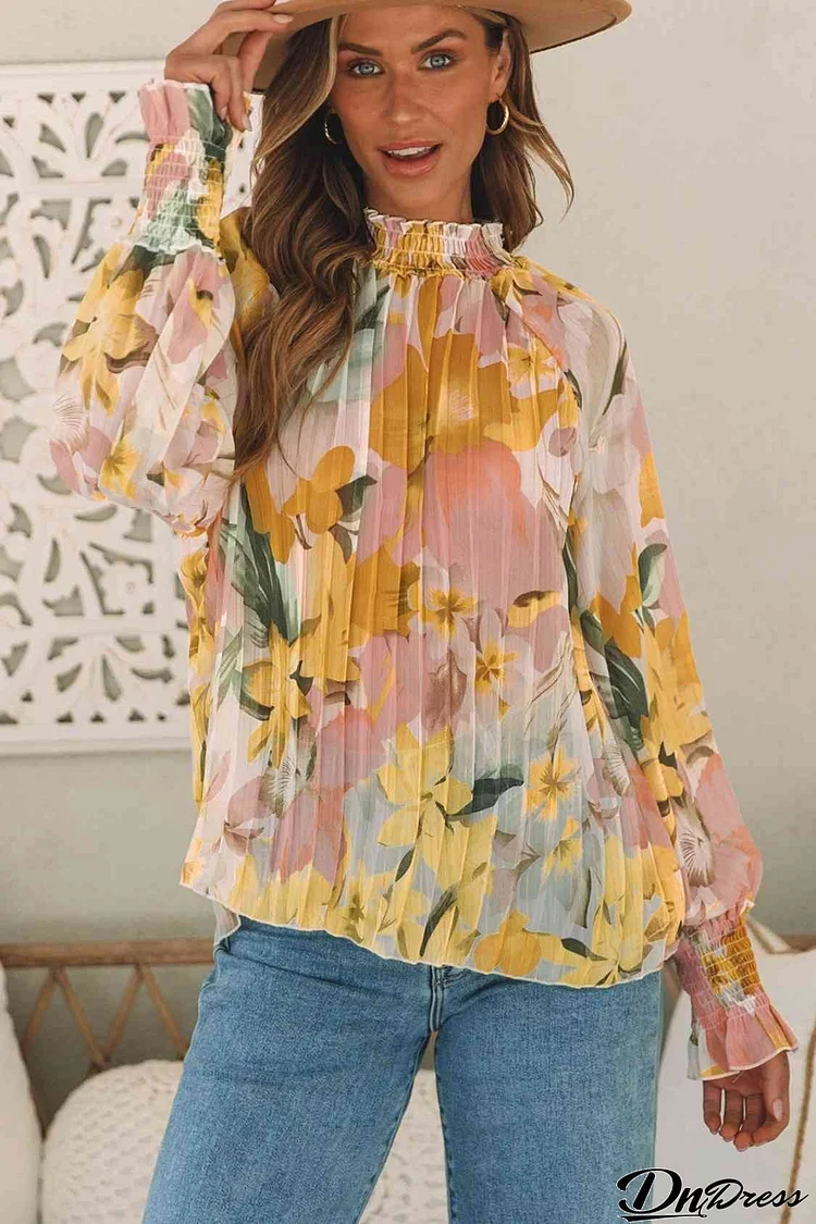 Floral Smocked Mock Neck Pleated Blouse