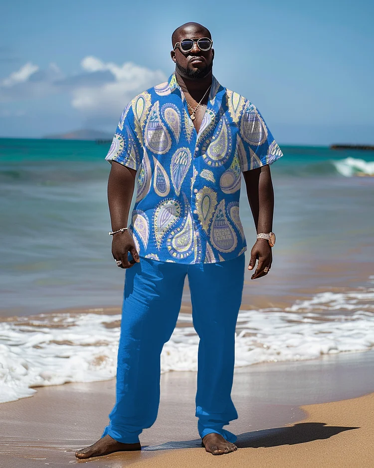 Men's Plus Size Hawaiian Cashew Flower Print Short Sleeve Shirt Trousers Suit