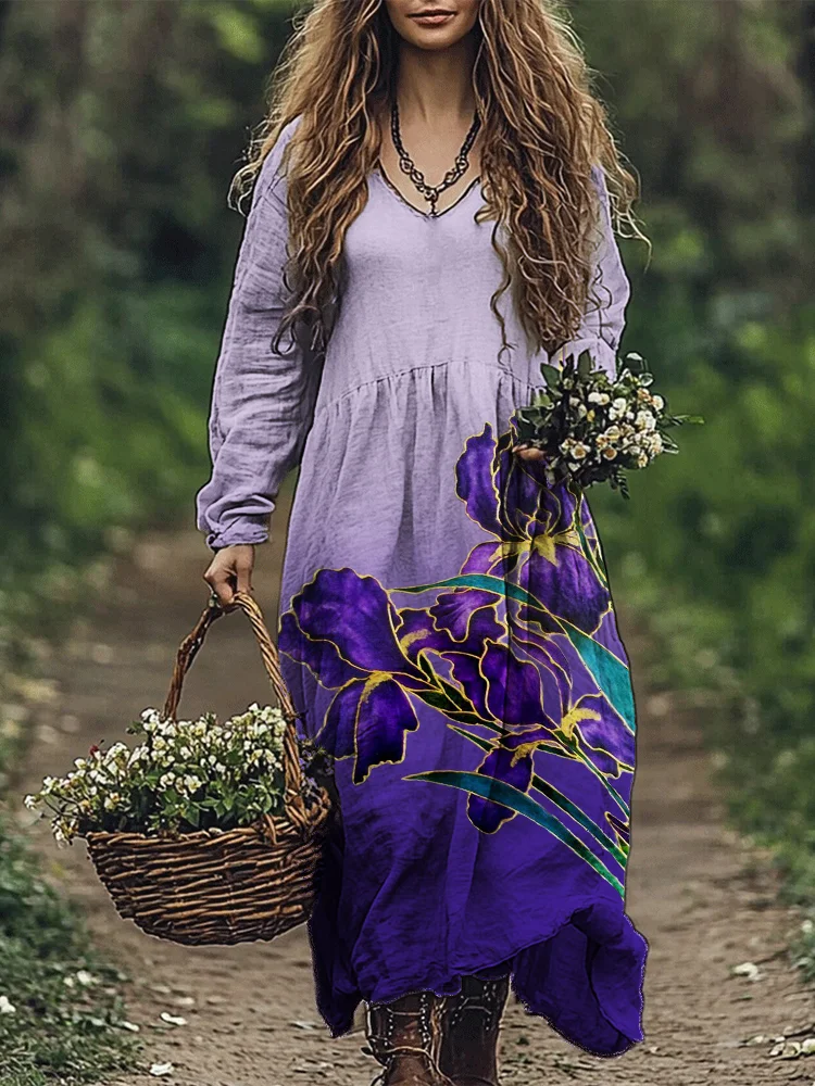 Classy Purple Irises Gradient Flowy Linen Blend Maxi Dress