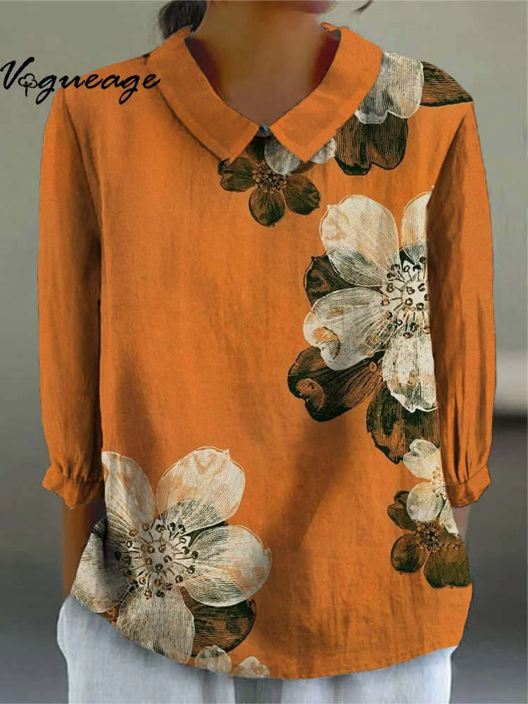 Simple Gentle And Generous Flowers Printed Cotton And Linen Women Shirt