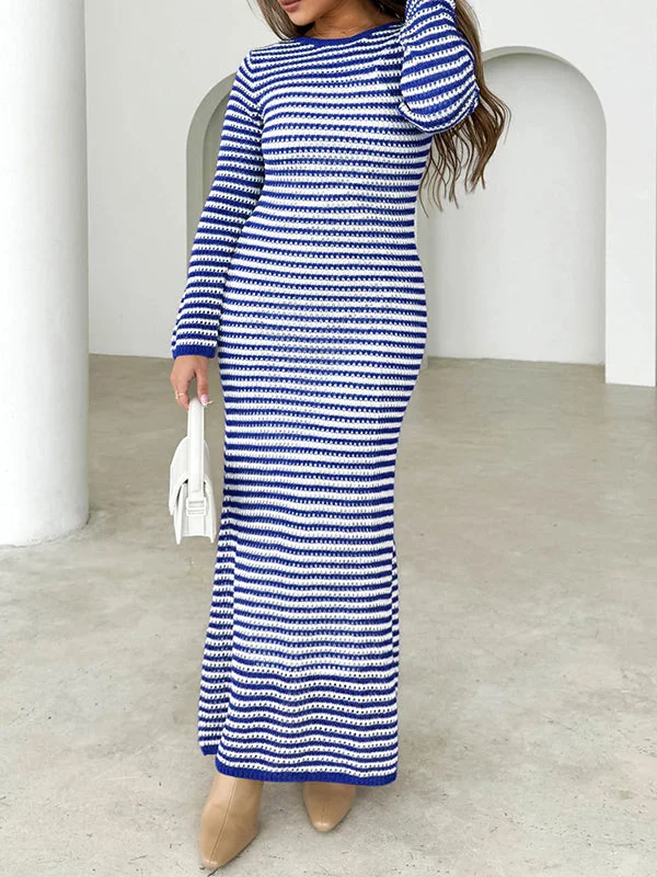Simple Black Round-Neck Contrast Color Striped Tied High Waisted Long Sleeve Sweater Dress