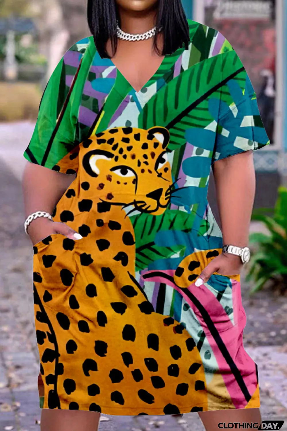 Navy Blue Fashion Casual Print Basic V Neck Short Sleeve Dress