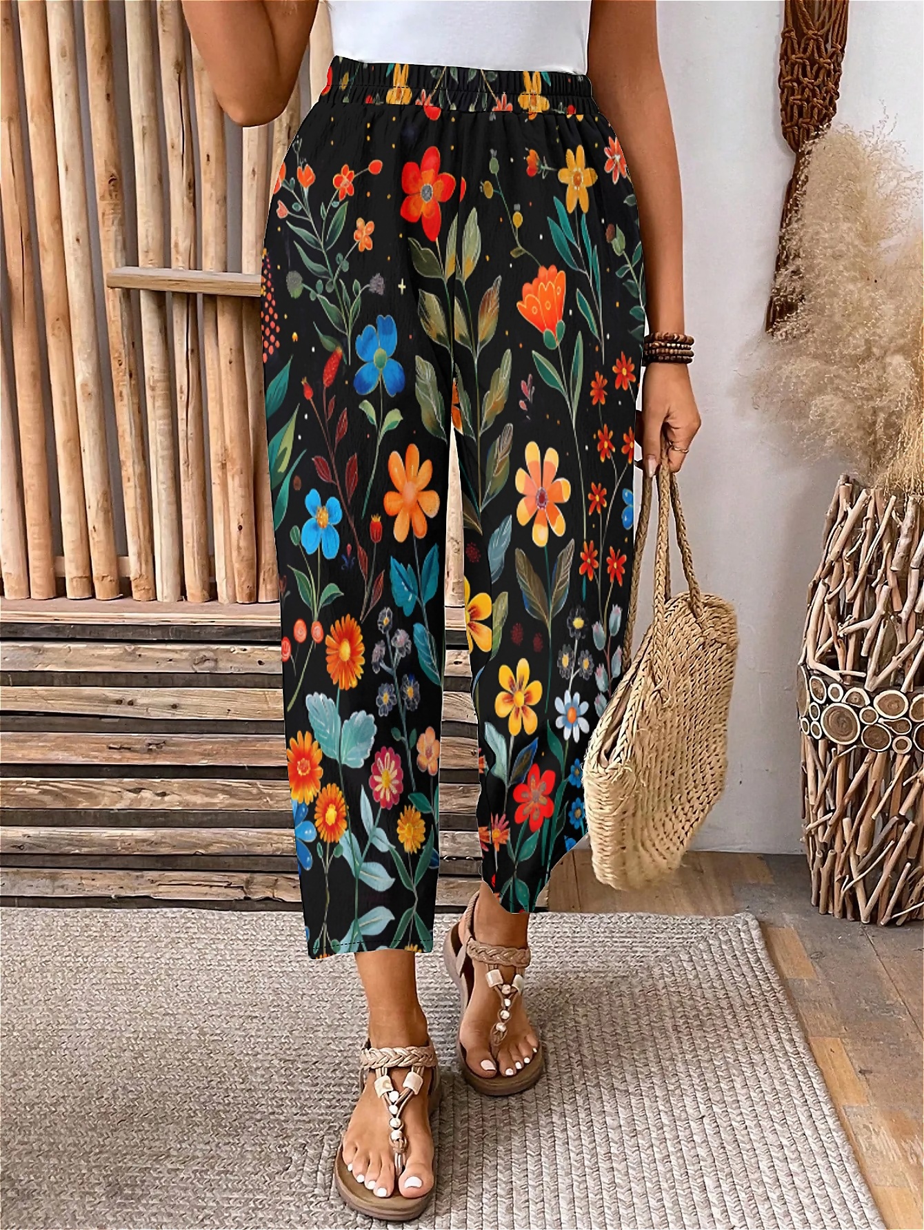 Plus Size Elastic Waist Boho Batik Blooms Printed Pants