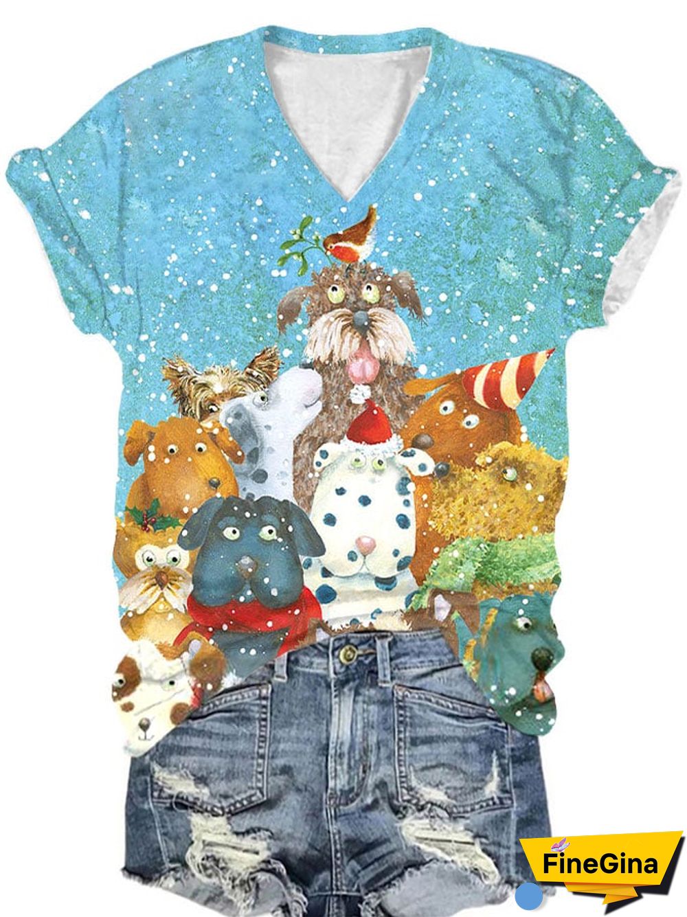 Women's Christmas Dog Print V-Neck T-Shirt