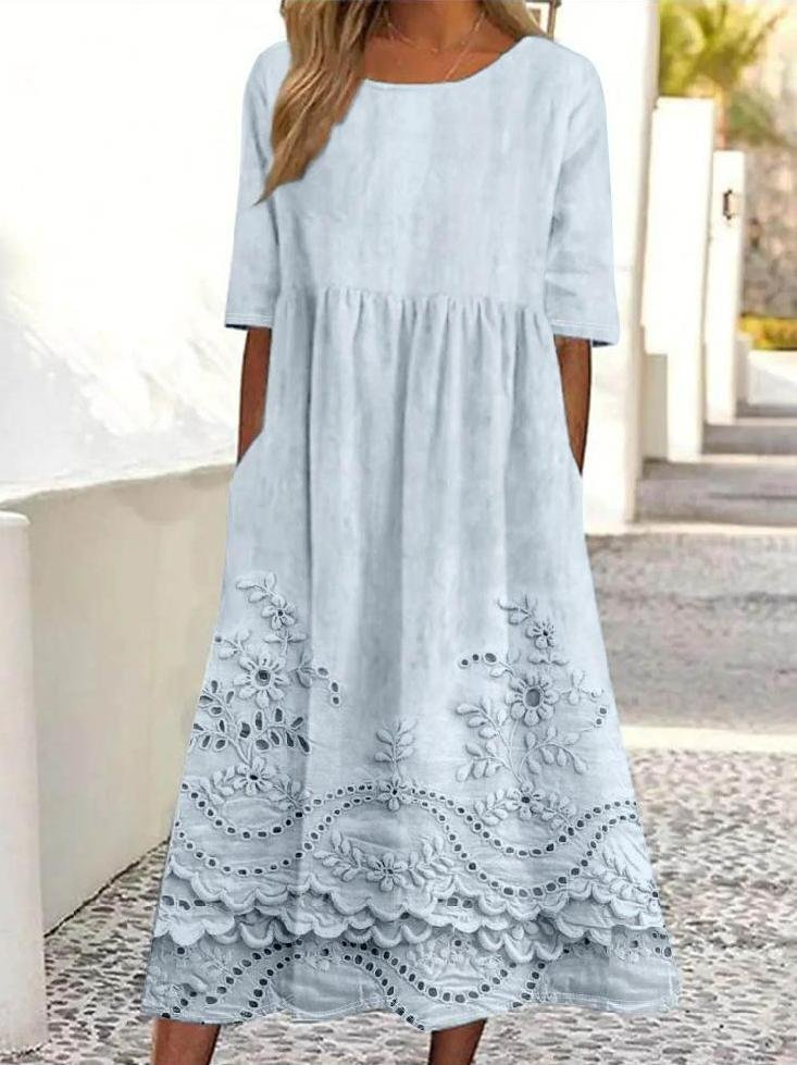 Vintage Lace Floral Print Round Neck Pocket Midi Dress