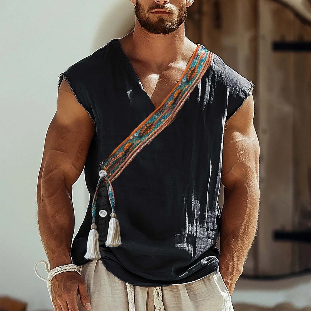 Men's Holiday Ethnic Style Asymmetric Tassel Linen Sleeveless Shirt