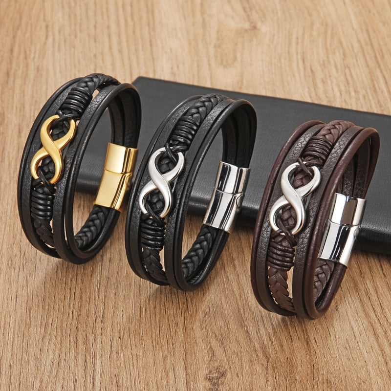 Vintage Style Classic Style Infinity Pu Leather Titanium Steel Woven Chain Wrap Bracelets