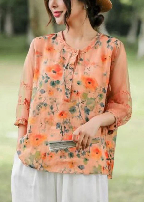 Boho Orange Embroideried Patchwork Print Linen Shirt Top Half Sleeve