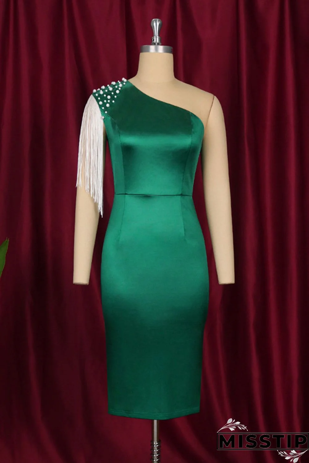 Green Fashion Patchwork Tassel Slit Beading Evening Dress
