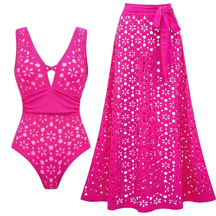 Yellow Color Laser Cutting Flower Hollow One Piece Swimsuit and Skirt
