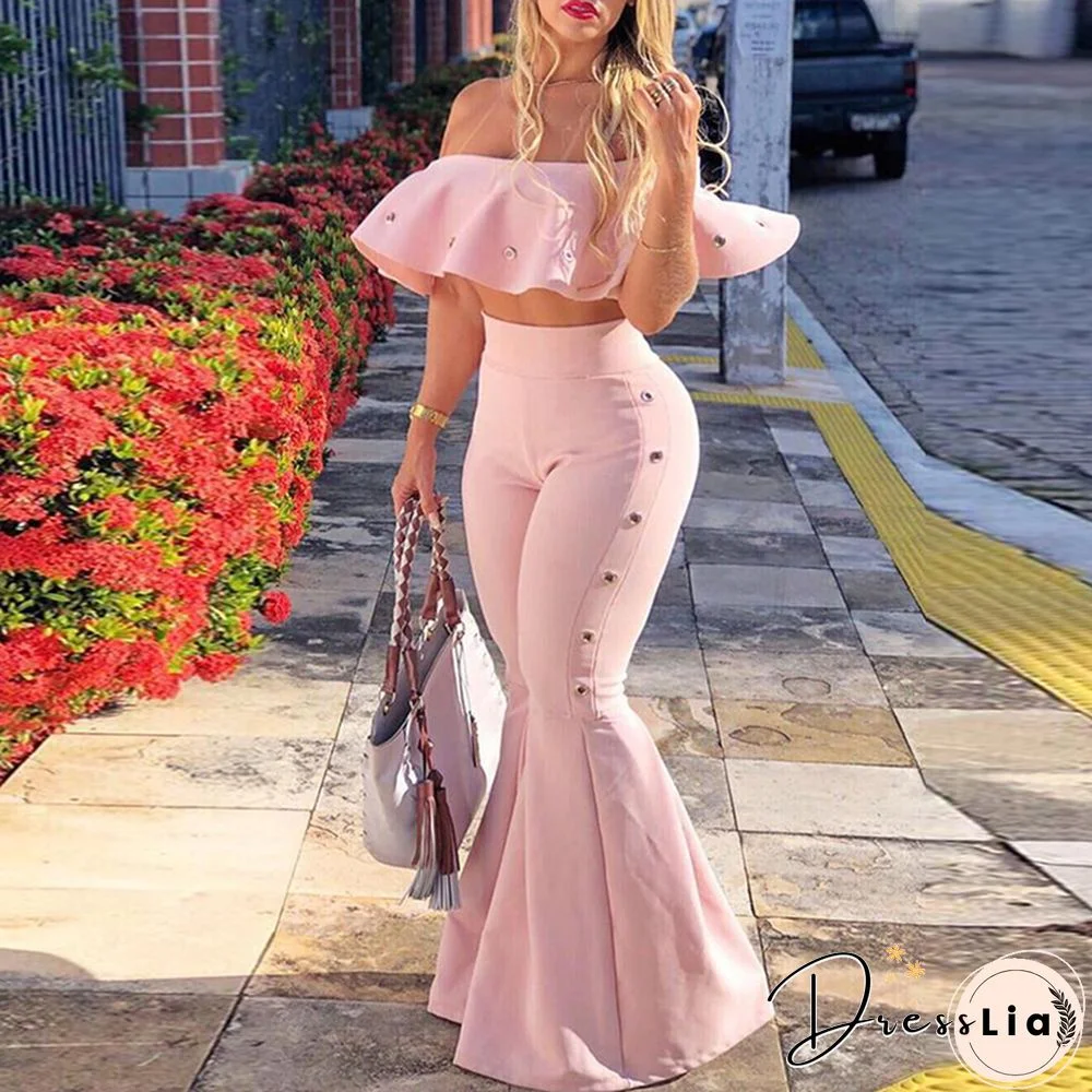 Women Two Piece Outfits Off Shoulder Ruffle Crop TopsAnd Flare Pants 2 Piece Set Summer Club Party Festival Set