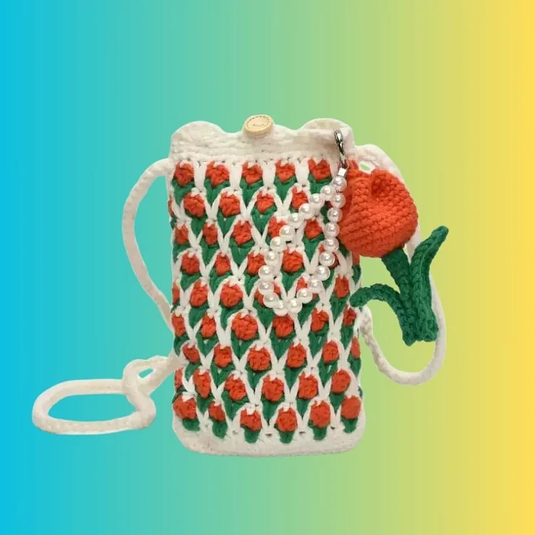 Lulusnow Handmade Red Tulip Bag Phone Bag Gift For Her/Him/Kids/Christmas/St.Patrick's/Birthday/Easter Crochet Crossbody Bag