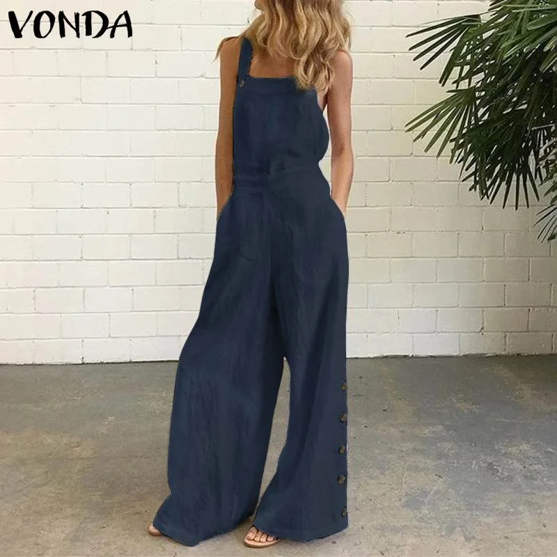 Women Summer Sexy Sleeveless Rompers 2022 VONDA Casual Loose Solid Party Playsuits Ladies Backless Office Overalls Long Jumpsuit