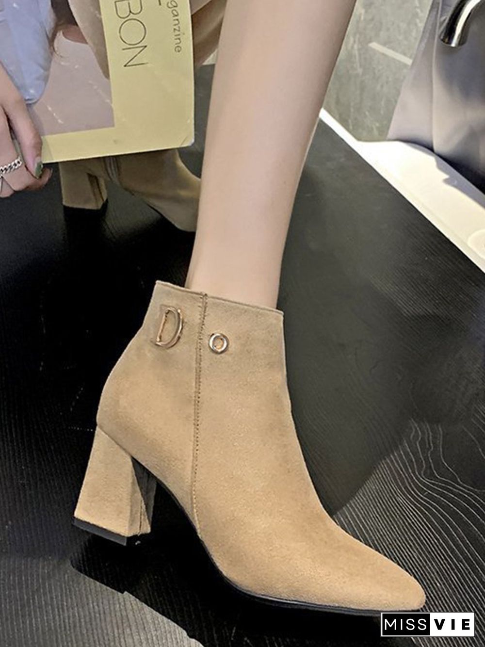 Side Zip Faux Suede Pointed Toe Chunky Heel Booties