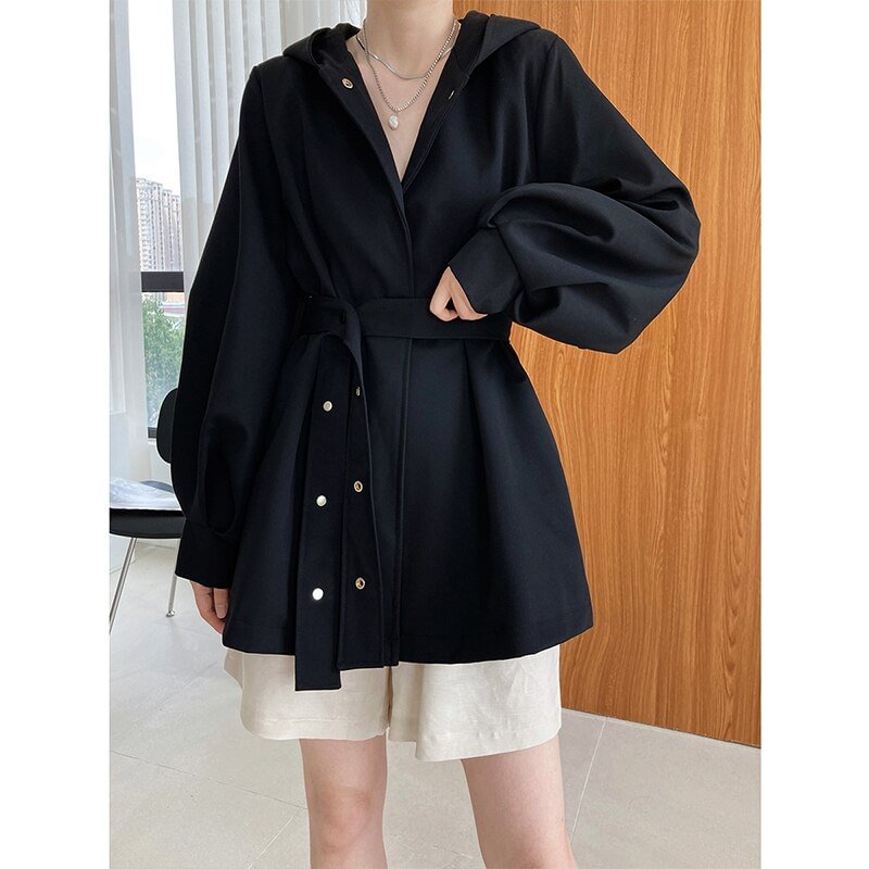 Woherb Spring Khaki Black Loose Casual Hooded Coats Korean Style for Women Sashes Luxury Designer Fall Clothing Fashion 2022