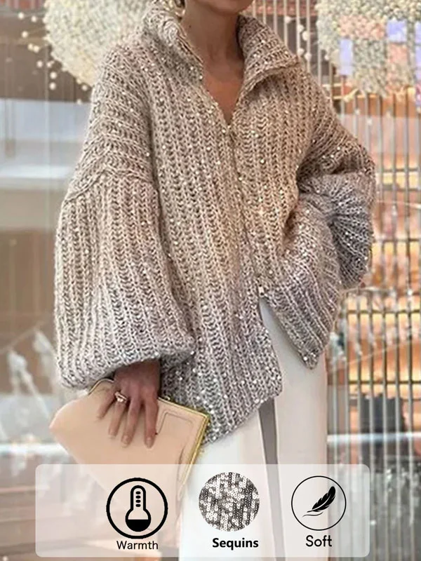 Women Wool/Knitting Plain Long Sleeve Comfy Casual Glitter Cardigan