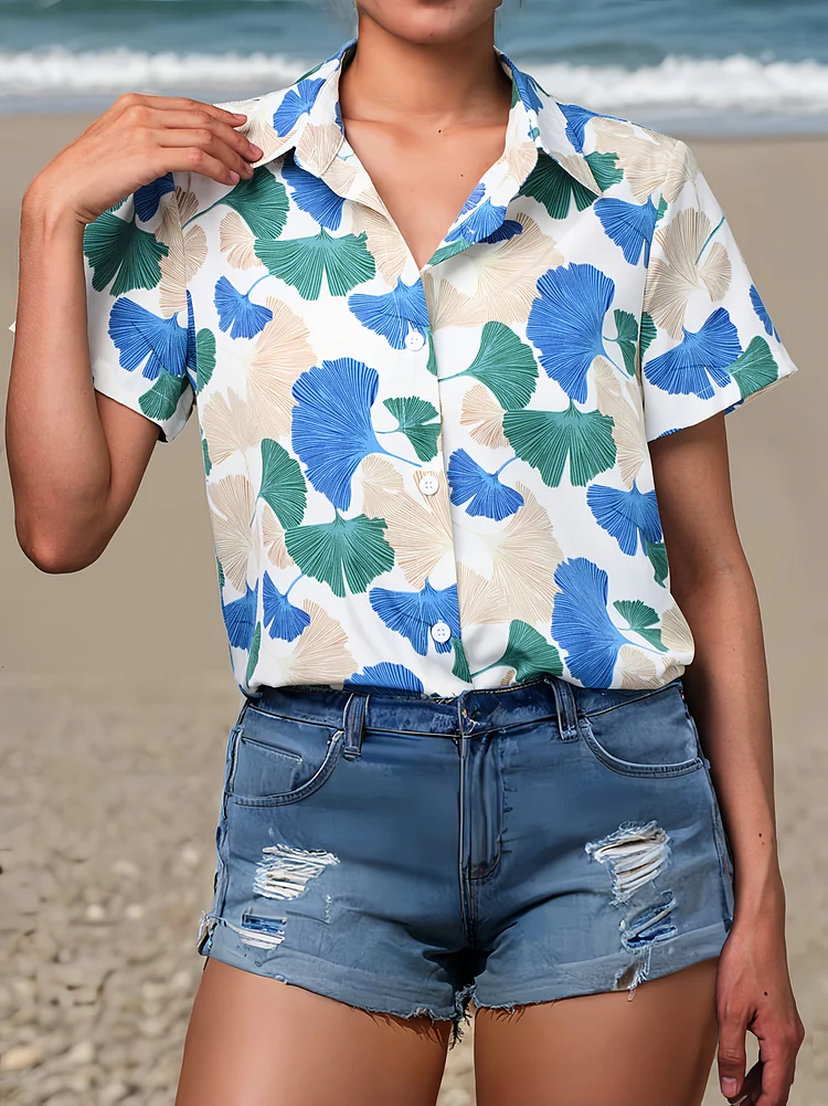Women's Elegant Floral Print Short Sleeve Blouse - Lightweight Polyester, Button-Up Collar, All-Season Versatile Top For Casual & Formal Outfits, Ladies Blouse