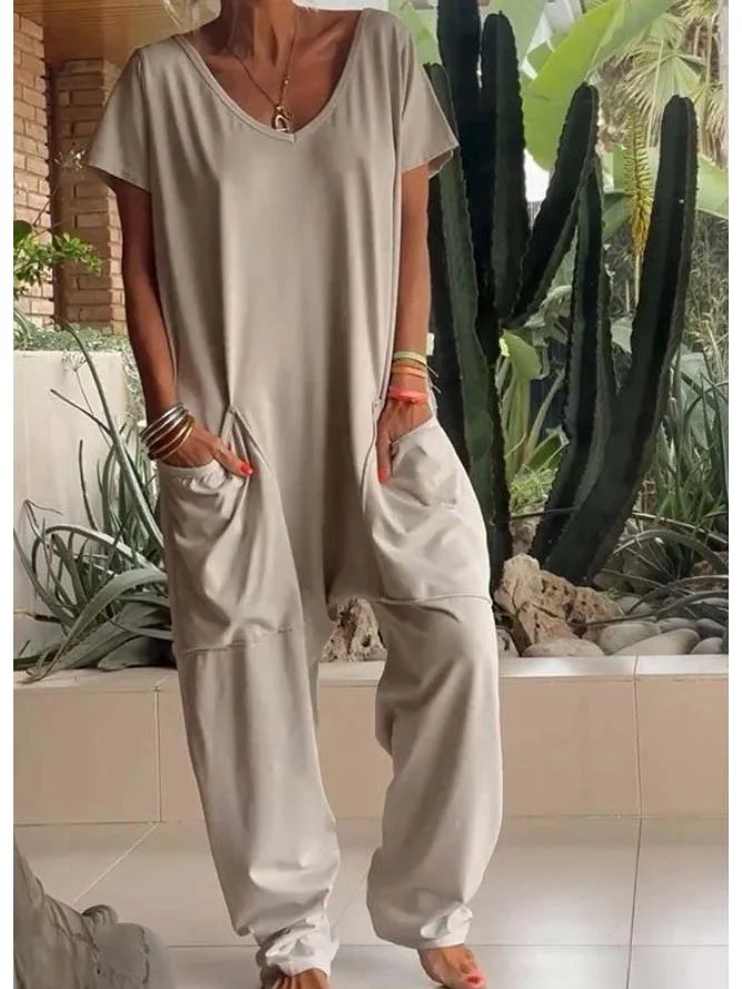 Style & Comfort for Mature Women Women's Short Sleeve V-neck Pockets Solid Color Jumpsuit