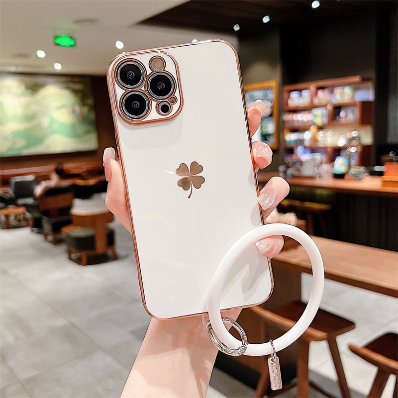 2022 New Fashion Plating Four-leaf Clover Solid Color Shockproof Case With Loop For iPhone Samsung