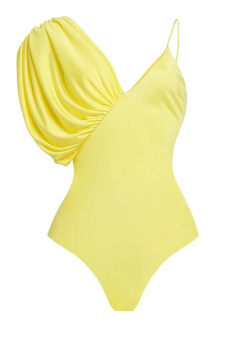 1950s Yellow Vacation Plain Asymmetric Sleeve Cami Skirt Two Pieces Swimsuit Set