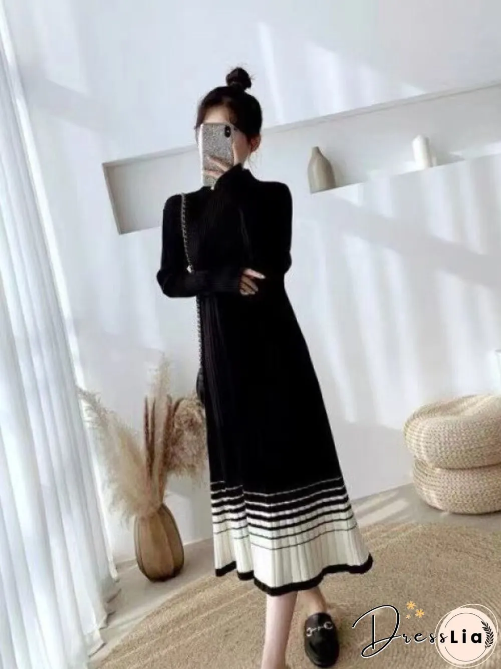 Autumn Winter New Women's Striped Knitting Pullover Dress Women's High Waist Loose Korean Fashion Long Sleeve Knitting Dress Top
