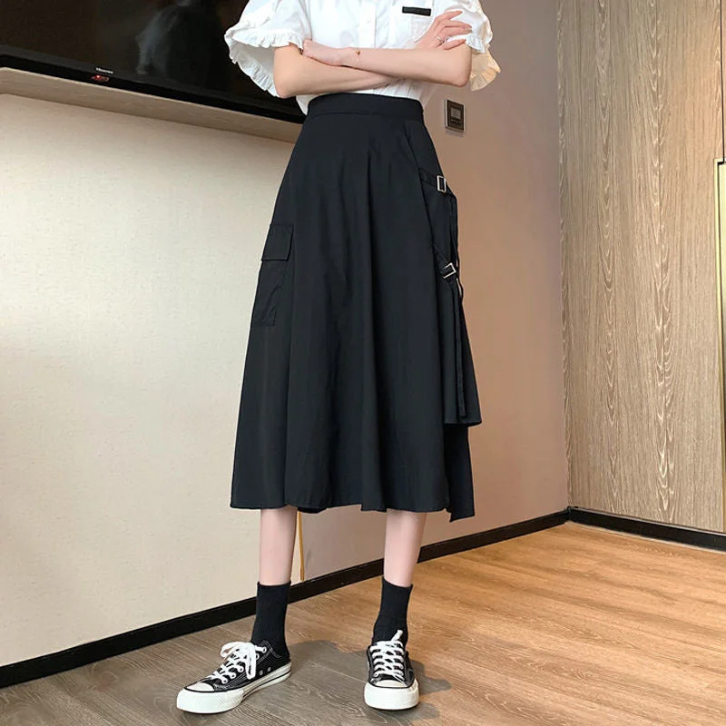 Asymmetric Skirts Women Side-slit Pockets Hole Safari Style Fashion Leisure Design Ins High Quality Simple All-match Empire Chic