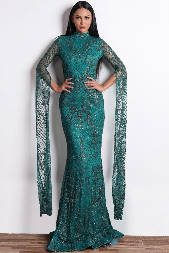 green long sleeve sequins mermaid prom dress 