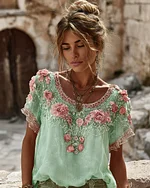 Women's Vintage Floral Embroidered Art Flowy Linen Blend Short Sleeve Casual Tops - Image 10