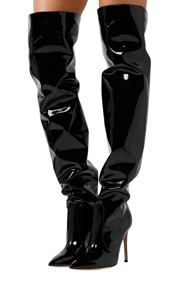 Black Patent Leather Over-the-Knee Stiletto Boots Vdcoo