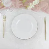 10 Pack | 9" White Hard Plastic Dinner Plates with Gold Ruffled Rim, Heavy Duty Disposable Dinnerware