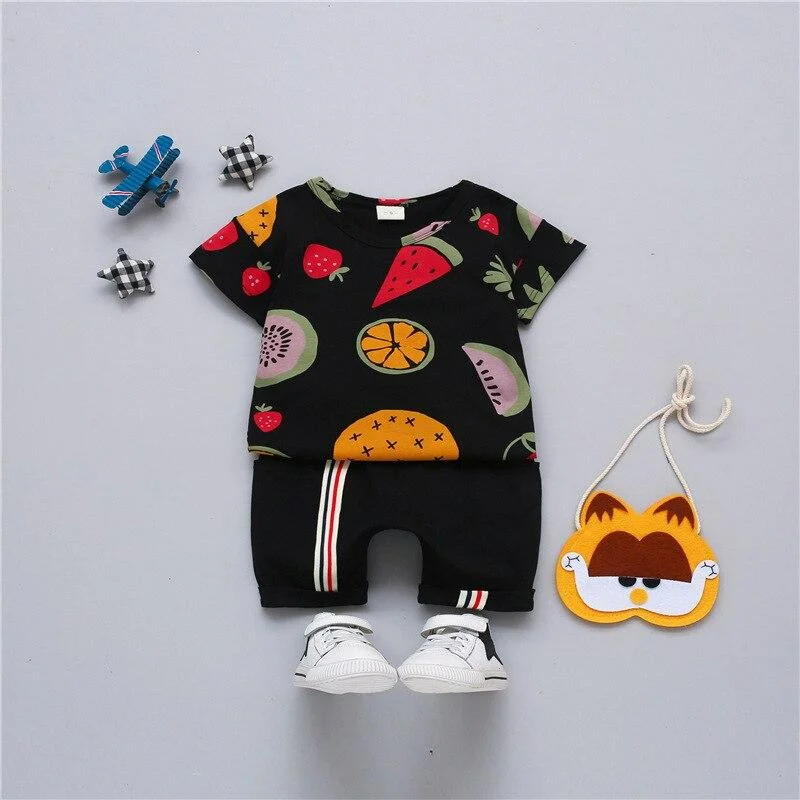 Baby Summer Clothes Set for Boy Toddler Kids Clothing Cartoon Printed Fruit Short Sleeve Tshirt + Pants Boy Suit 1 2 3 4 Years