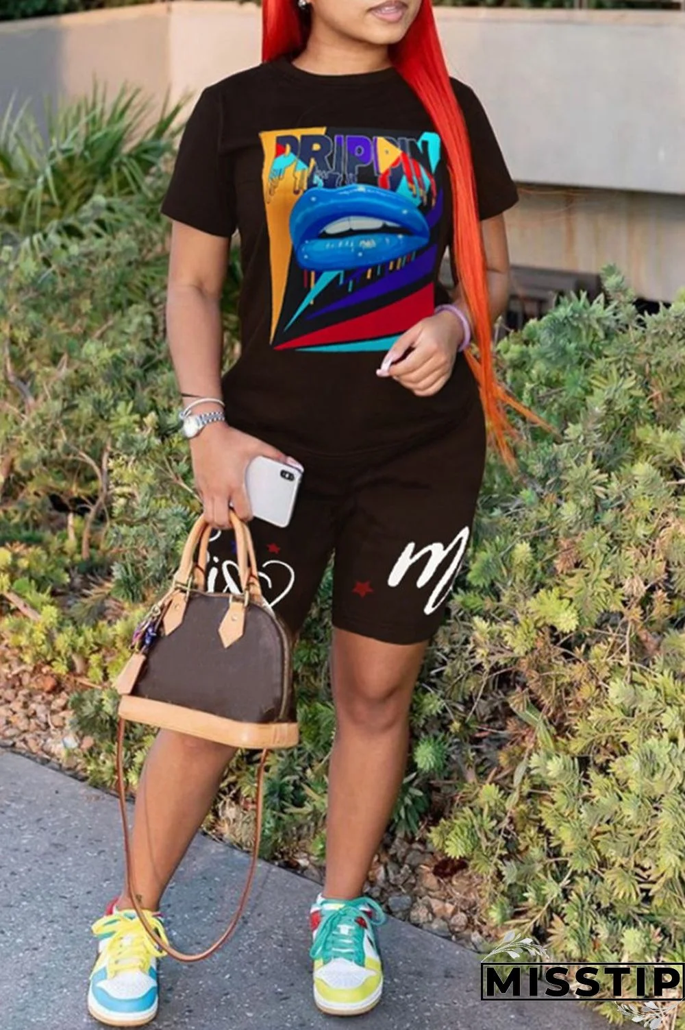 Black Fashion Casual Print Basic O Neck Short Sleeve Two Pieces