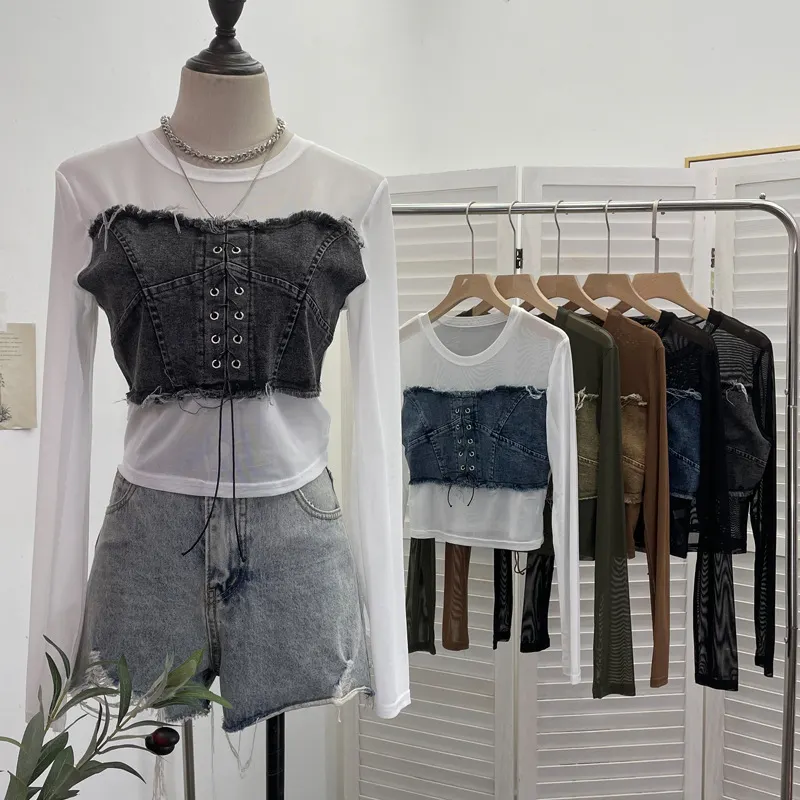 Churchf Vintage Babes Cowboy Spliced Tiring Strapped With Long Sleeves Short Mesh T-Shirt 2639