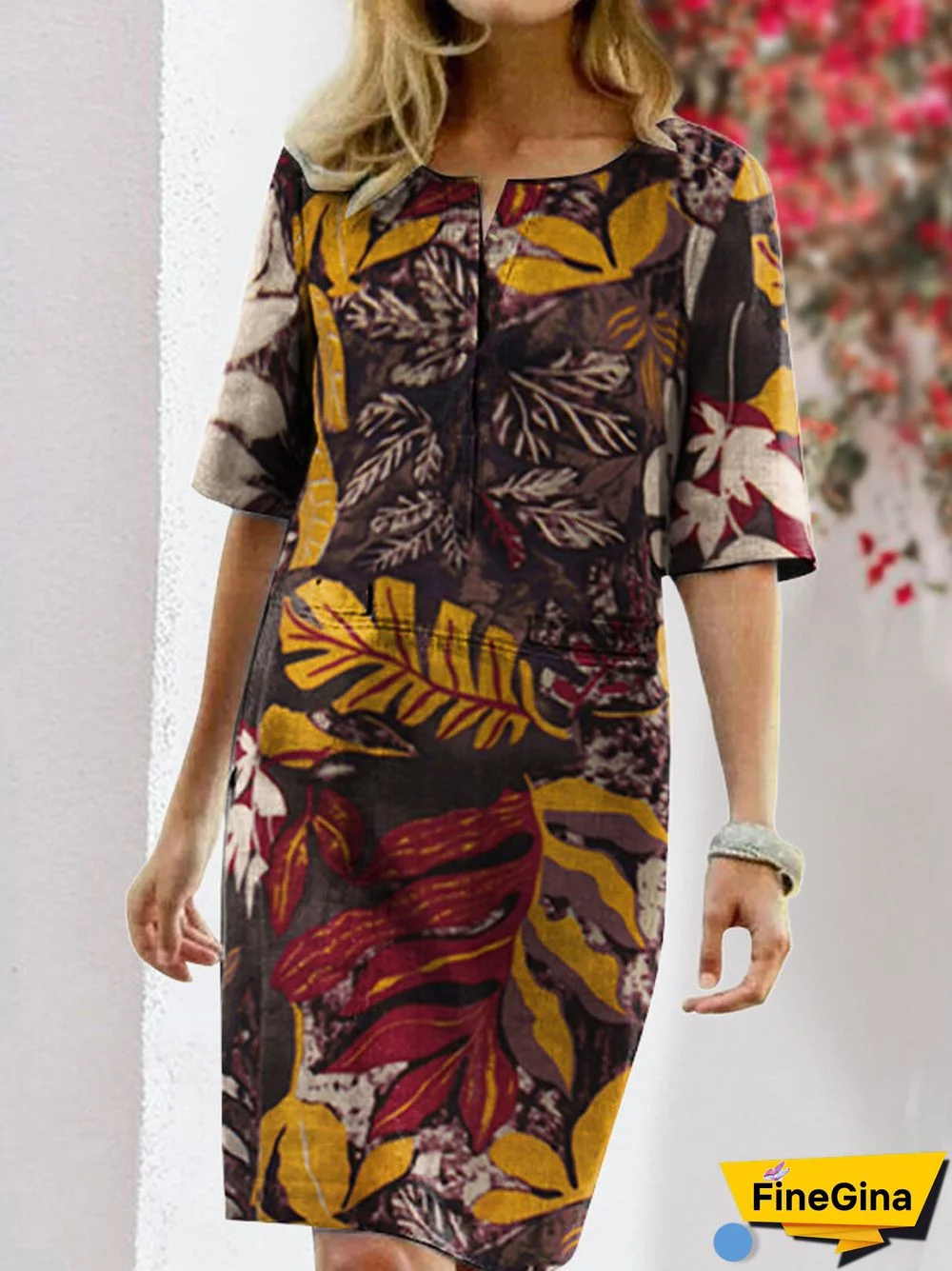 Floral Printed Split O-neck Half Sleeve Vintage Dress