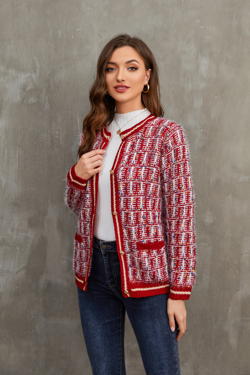 Luxury Red Women Knitted Cardigan Sweater