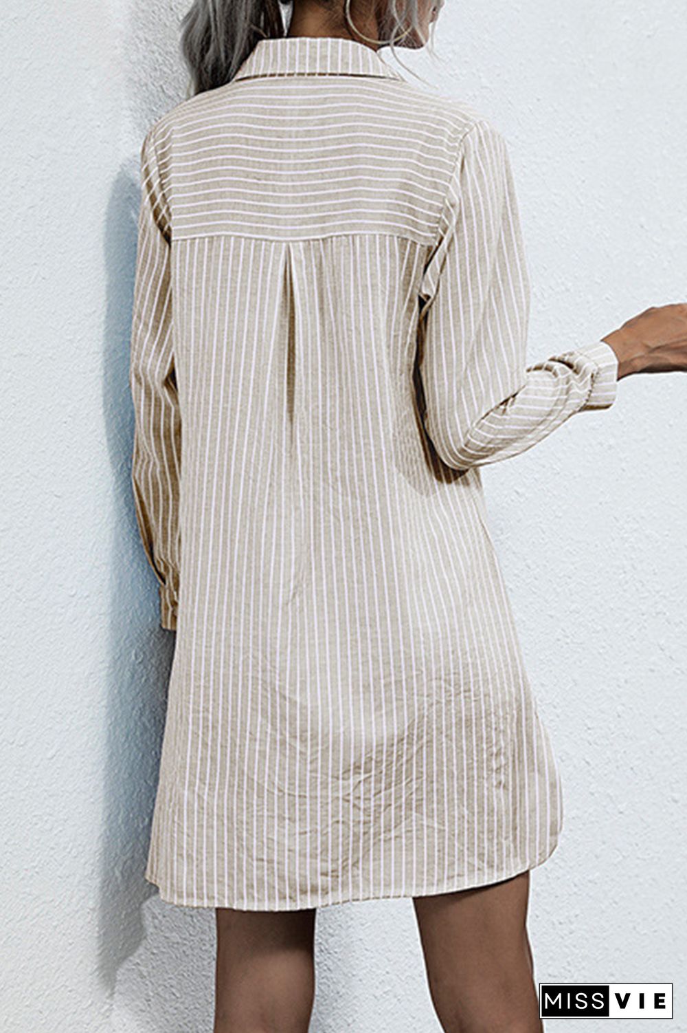 Fashion Elegant Striped Pocket Cross Straps Turndown Collar Tops