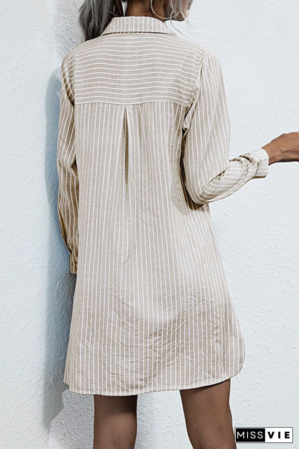 Fashion Elegant Striped Pocket Cross Straps Turndown Collar Tops