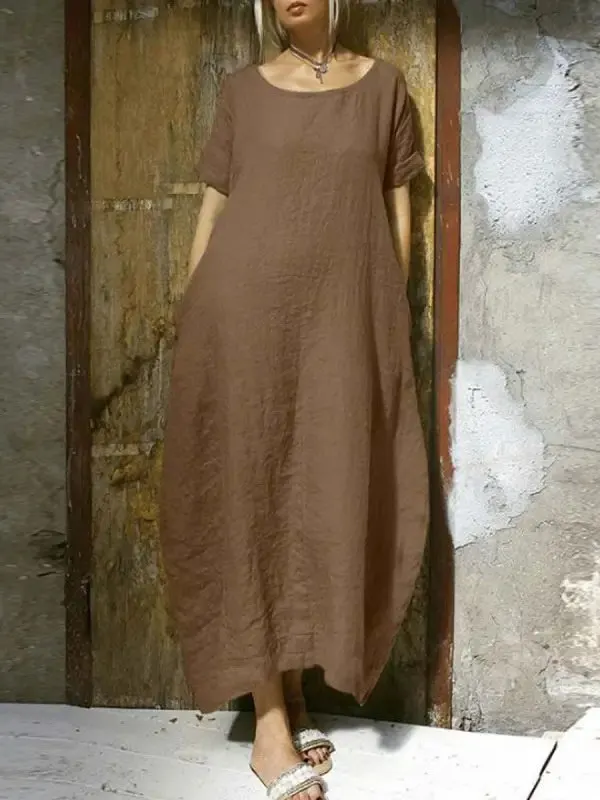 Women's Short Sleeve Scoop Neck Solid Midi Dress