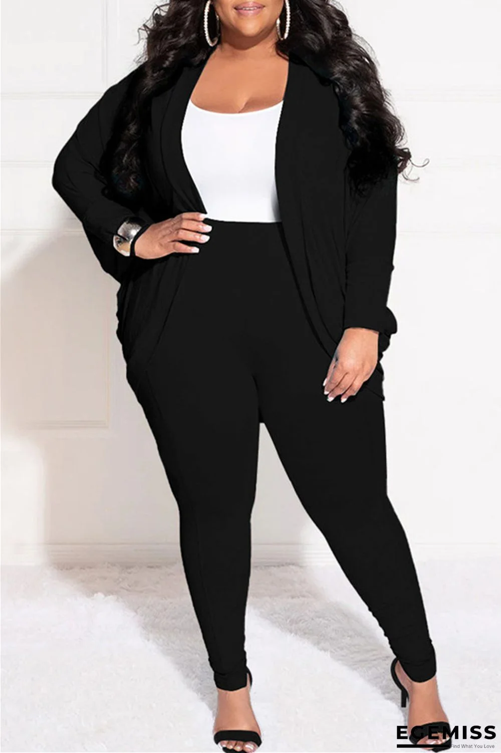 Black Casual Solid Cardigan Pants Cardigan Collar Plus Size Two Pieces | EGEMISS