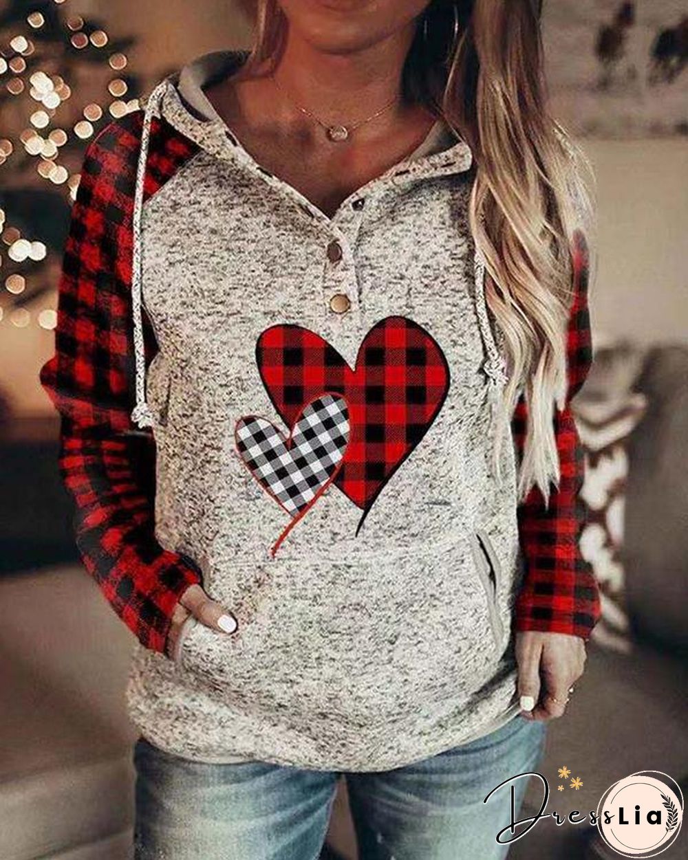 Women's Color-block Plaid Long-sleeve Pocket Hoodie