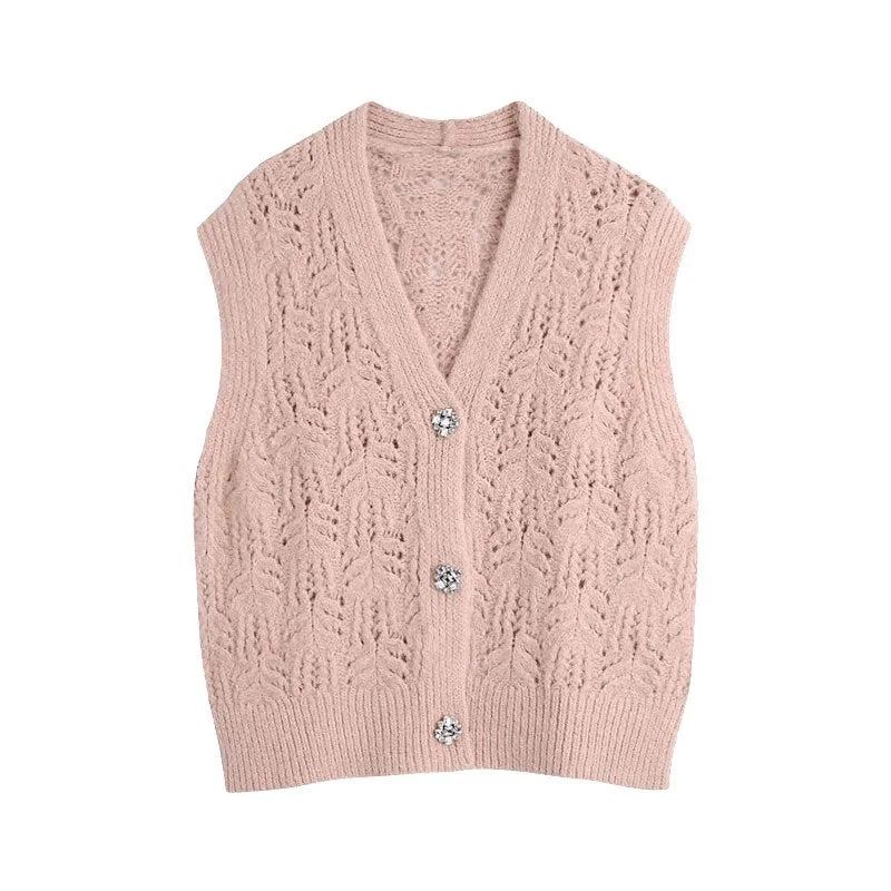 TRAF Women Sweet Fashion With Bejewelled Buttons Knitted Vest Sweater Vintage Sleeveless Female Waistcoat Chic Tops