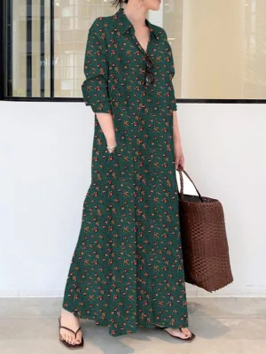 Image of Vintage Printed Lapel Long Sleeve Shirt Maxi Dress