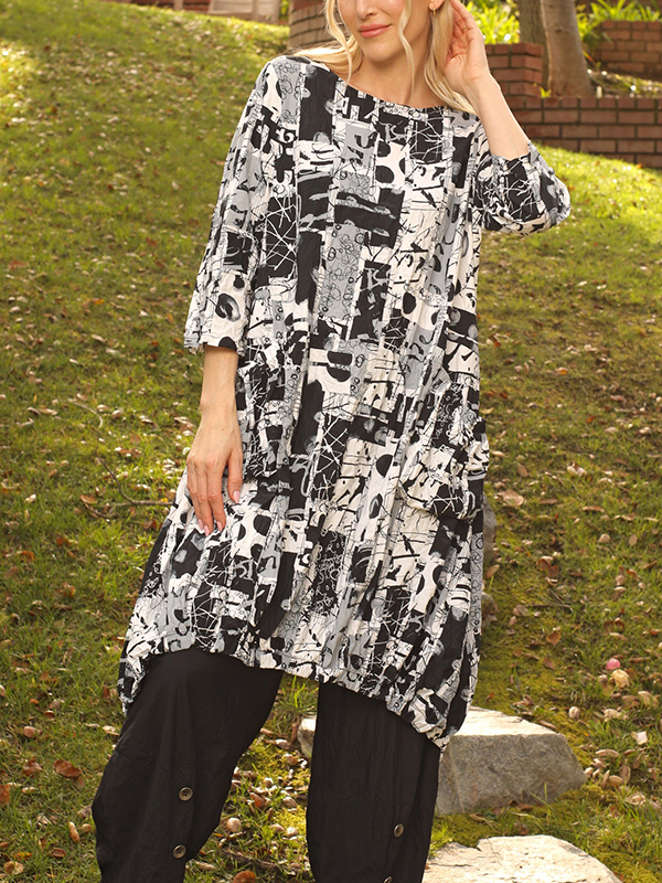 Half Sleeve Round Collar Printed Midi Dress