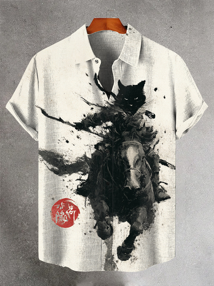 Japanese Art Style Riding Cat Cat Collar Short-sleeved Men's Shirt  artssus