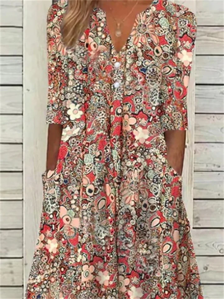 New Floral Print Summer V-neck Comfortable Casual Vacation Insert Pocket A-line Dress Long Dress Home Wear-Cosfine